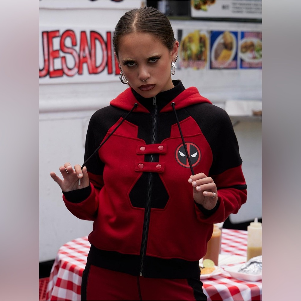 Hot Topic Red and Black Deadpool Zip-Up Hoodie
